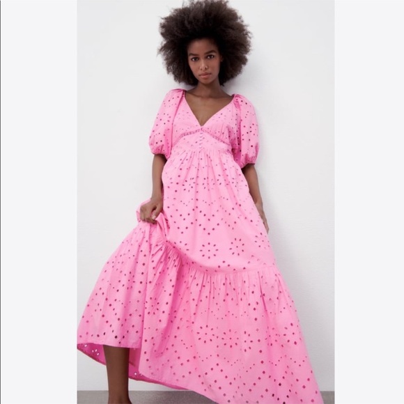 Zara pink openwork embroidery  voluminous cotton dress - Picture 5 of 15